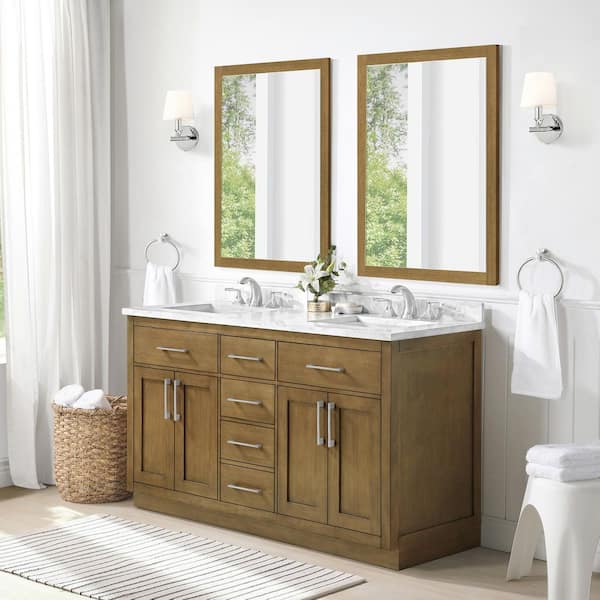 Athea 60 in. Freestanding  Almond Latte Bath Vanity with White Engineered Marble Top, Brushed Nickel Hardware