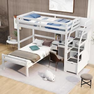 White Twin Size Loft Bed with a Stand-alone Bed, Storage Staircase, Desk, Shelves and Drawers
