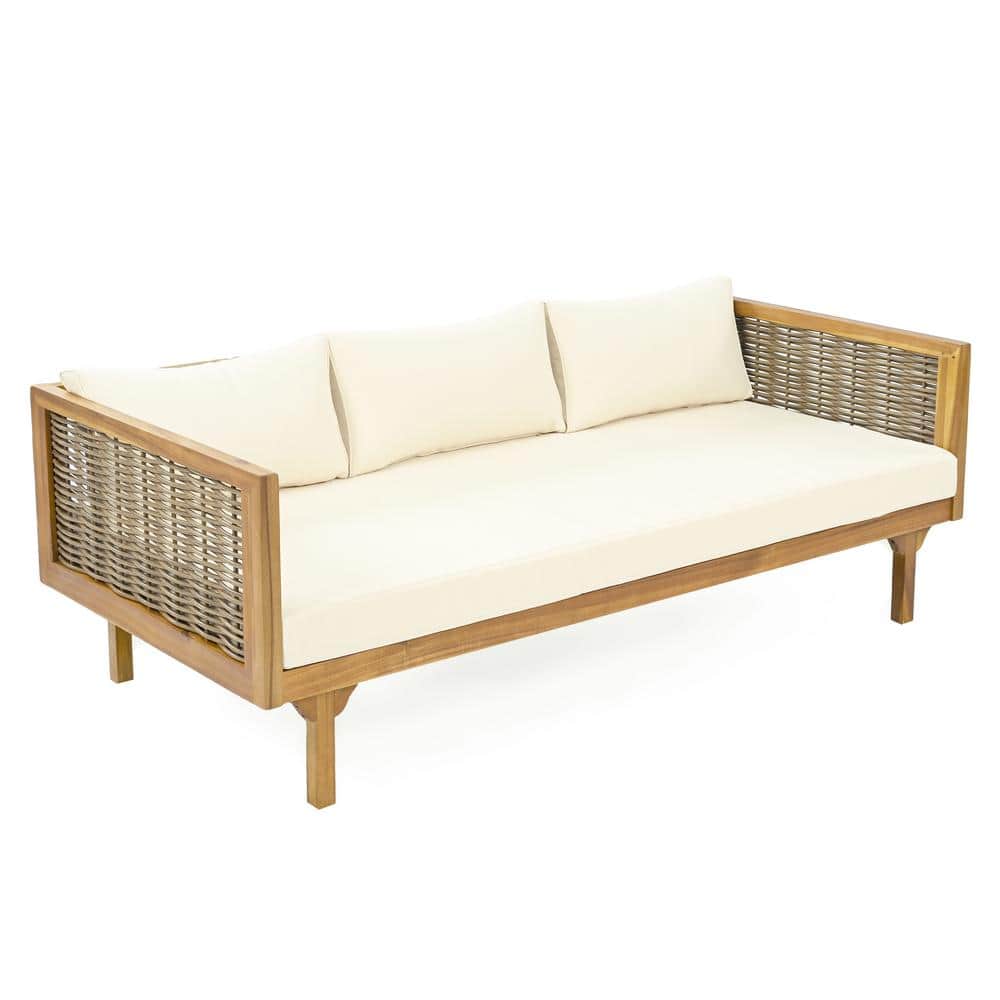 Wood 3 Seaters Outdoor Day Bed with Beige Cushion and Rattan Arms