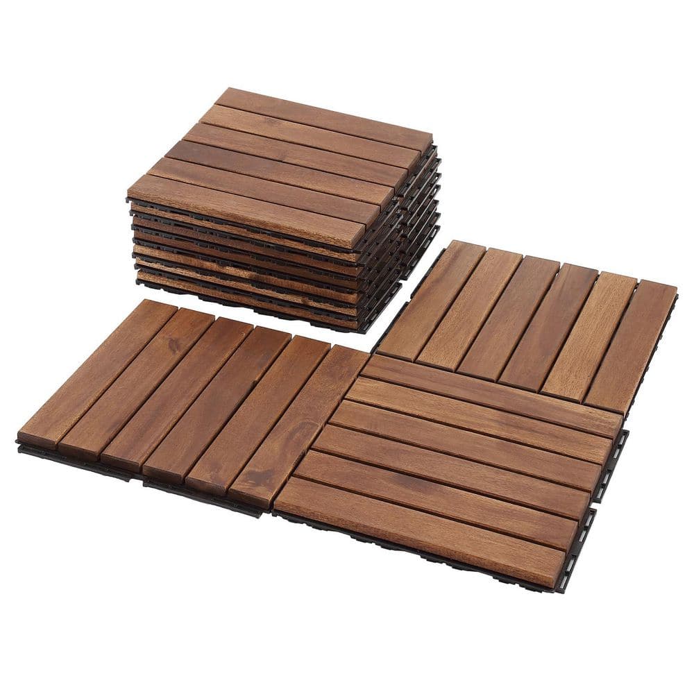 12 in. x 12 in. Striped Pattern Outdoor Acacia Wood Interlocking Deck Tiles in Brown (10-Pieces) price history on PriceWatchPro