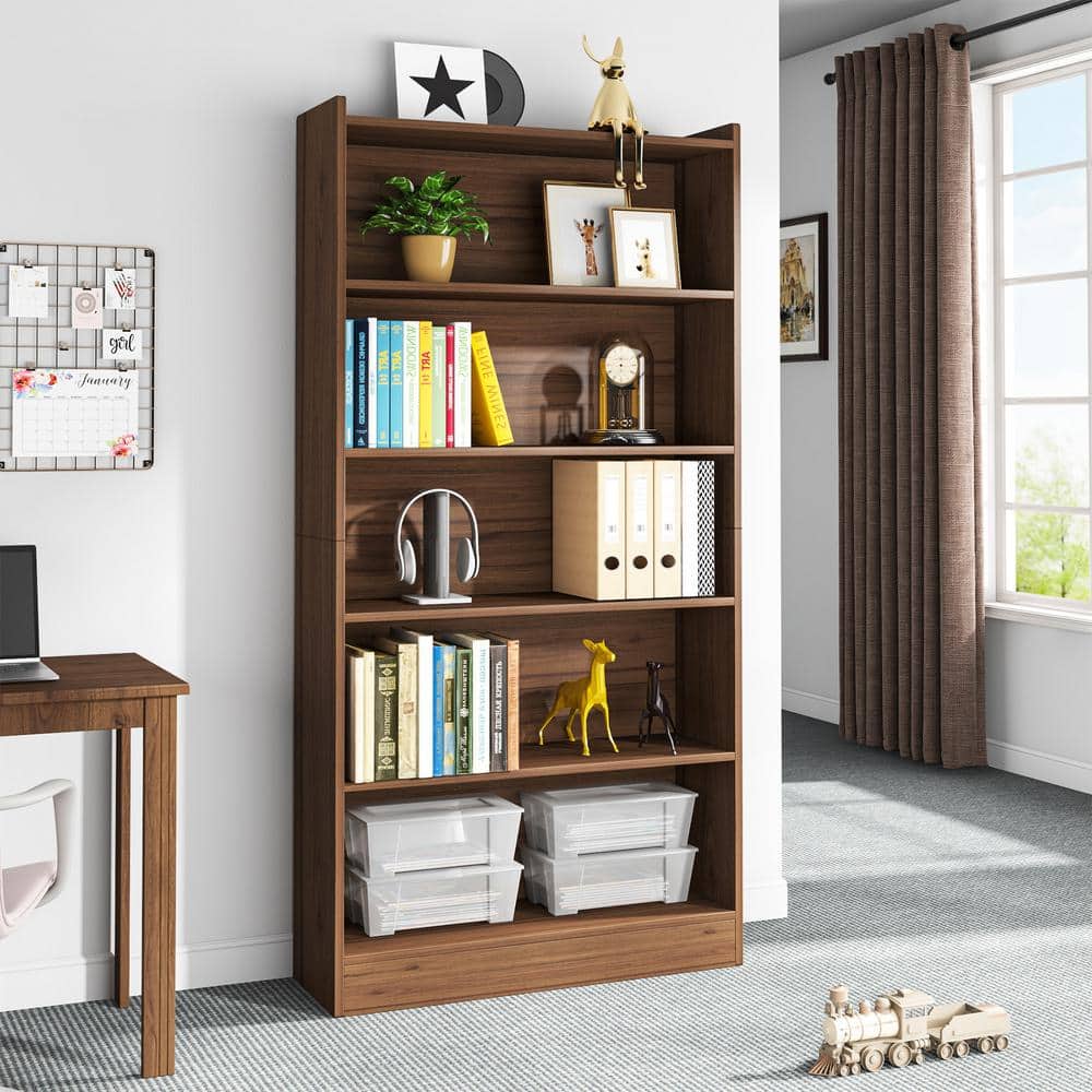 BYBLIGHT Eulas 72 in.Tall Brown Wood 5-Shelf Standard Bookcase and ...