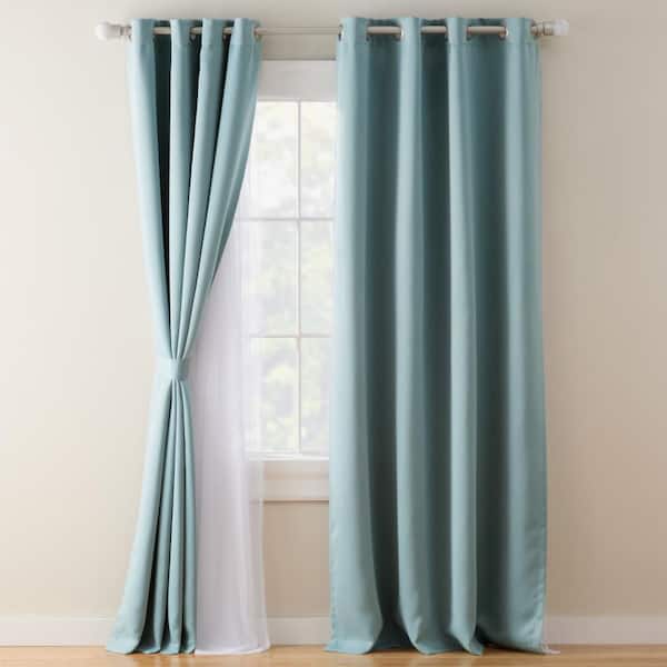 Oslo Double Layer Room Darkening and Sheer Blue Sateen 52 in. x 108 in. Grommet Top Indoor Curtain Panel Set (Set of 2)