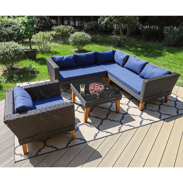 PHI VILLA Black 5-Piece Outdoor Dark Brown Wicker Conversation Set with Blue Cushions