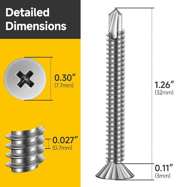 #8 x 1-1/4 in. Self-Drilling Flat Head Sheet Metal Screws (250-Pack), Silver 410 Stainless Steel