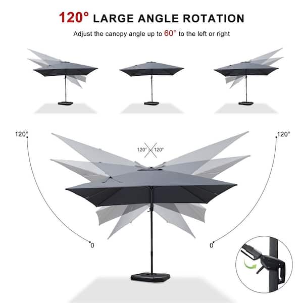 10 ft. Square Cantilever Umbrella Solar Powered LED Swivel Aluminum Offset 360° Rotation Patio Umbrella in Light Gray