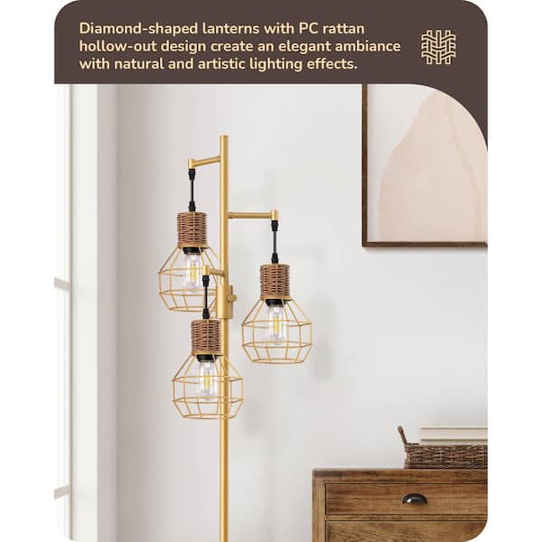 65 in. Gold Industrial 3-Light Standard Smart Dimmable Floor Lamp for Living Room with 3 LED Edison Bulbs