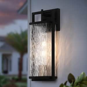 Modern Black Outdoor Wall Lantern Sconce with Textured Seeded Glass Shade Gold 1-Light Porch Patio Decorative Lighting