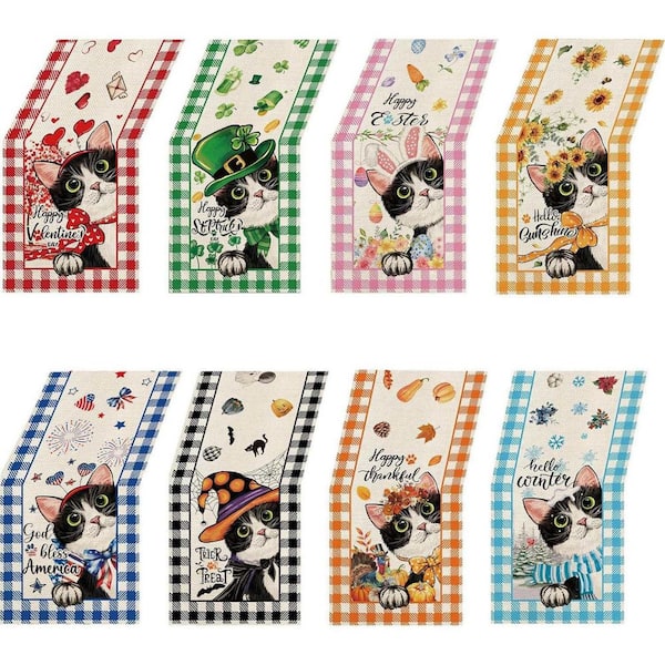 13 in. W x 72 in. L Multicolor Black Cat Pattern Polyester Table Runner for Farmhouse Garden Party (Set of 8)