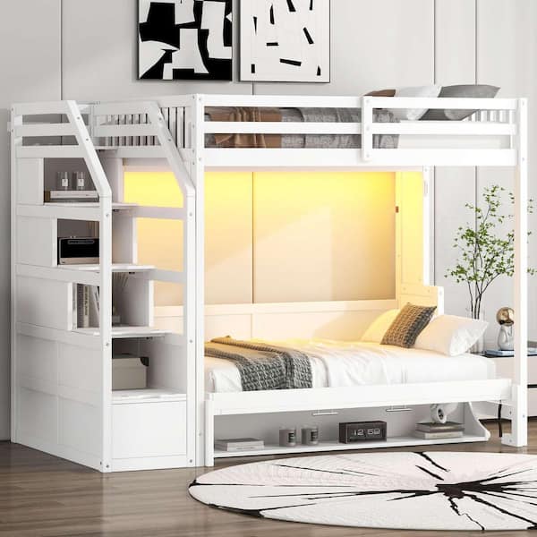 White Wood Frame Full Size Murphy Bed with Storage Staircase and LED Light
