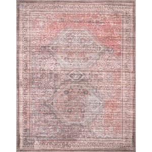 Justine Machine Washable Faded Geometric Medallion Gray Doormat 3 ft. x 5 ft. Accent Rug