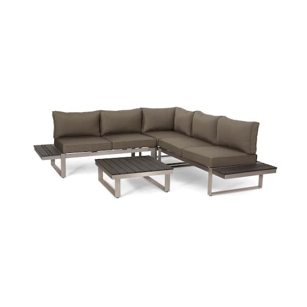 Noble House Sterling Silver and Grey 4-Piece Aluminum Outdoor Patio Conversation Set with Khaki Cushions