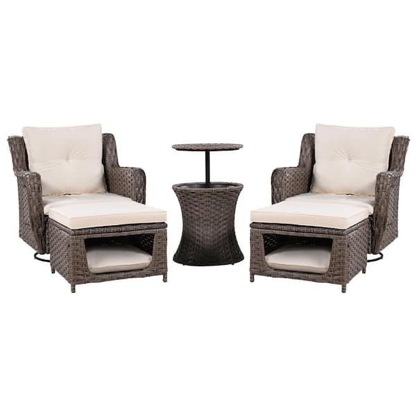 Zeus & Ruta 5-Piece Rattan Wicker Patio Conversation Set Patio Swivel Rocking Chairs Set with Pet House Cool Bar and Beige Cushions