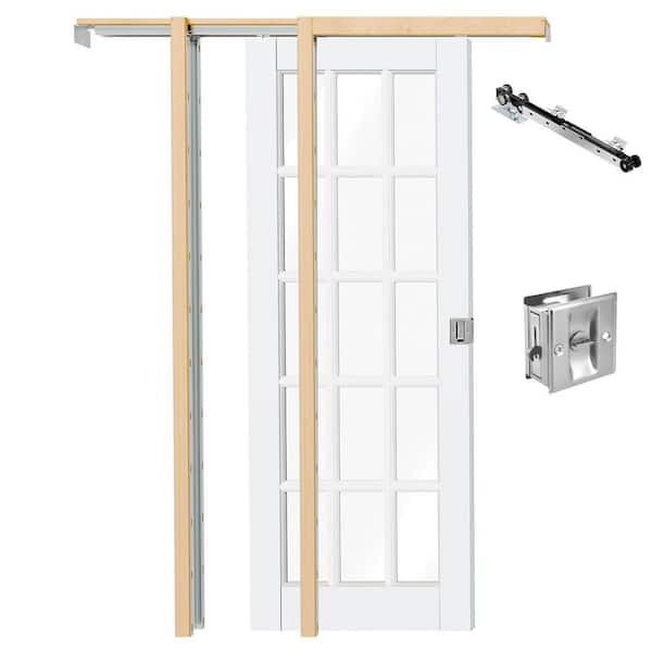 32 in. x 80 in. 15-Lite Clear Glass White Primed Wood Pocket Door with Lock, Soft Close & Frame Kit, Pantry door