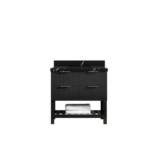 Willow Collections Catalina 36 in. W x 22 in. D x 36 in. H Center Sink Bath Vanity in Black with 2 in. Calacatta Black Qt. Top