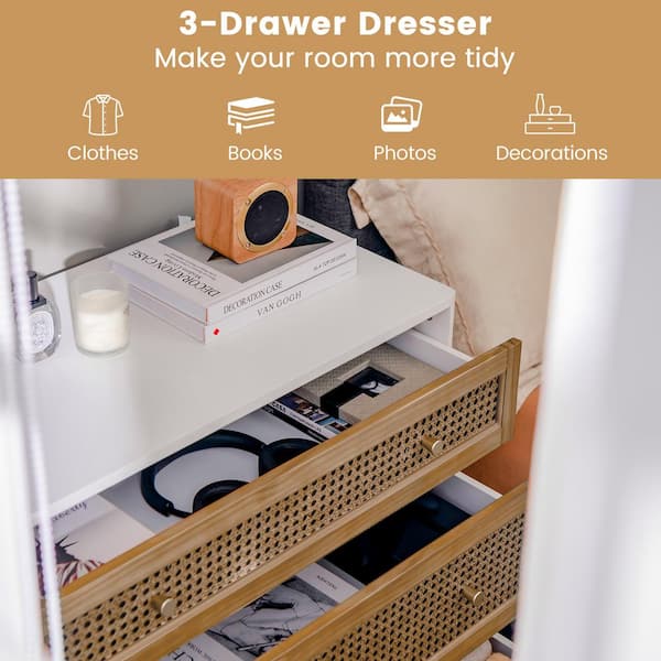 Costway White Brown 31 in. H Storage Cabinet 3-Drawer Rattan