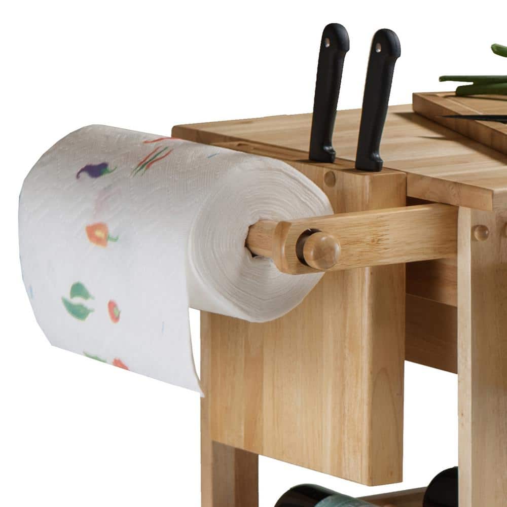 Transitional Brown Wood Kitchen Cart with Wine Storage and Knife Block