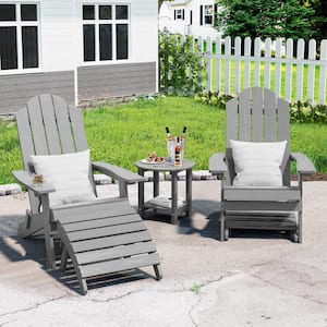 Grey Plastic Outdoor Patio Folding Adirondack Chair with Ottoman
