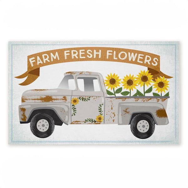 Autumn Farm Flowers Truck Brown 18 in. x 30 in. Polyester Non-Slip Outdoor Door Mat