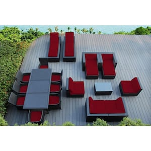 Black 20-Piece Wicker Patio Combo Conversation Set with Sunbrella Jockey Red Cushions
