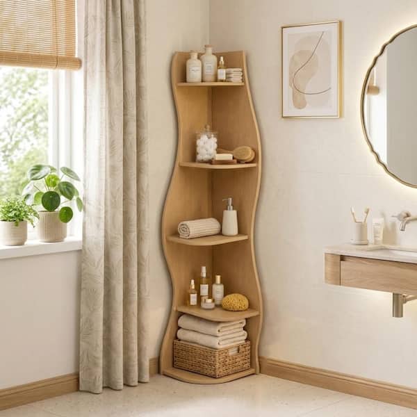 Modern 5-Tier Natural Wood S-Shaped Display Rack for Living Room, Bedroom, Bathroom, Home Office