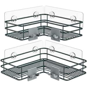 Wall Mount Adhesive Stainless Steel Corner Shower Caddy Shelf Basket Rack with Hooks in Black (2-Pack)
