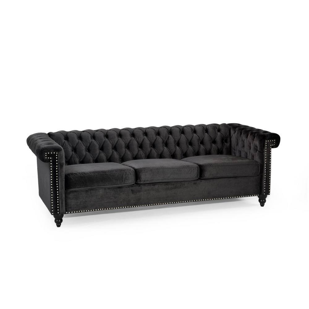 Black Velvet Chesterfield Sofa with Nailhead Trim and Flared Arms