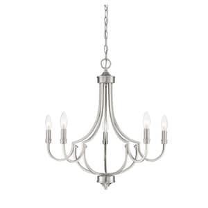 Auburn 24 in. W x 22 in. H 5-Light Satin Nickel Wide Metal Chandelier with Curving Arms and Thumbscrew Detail