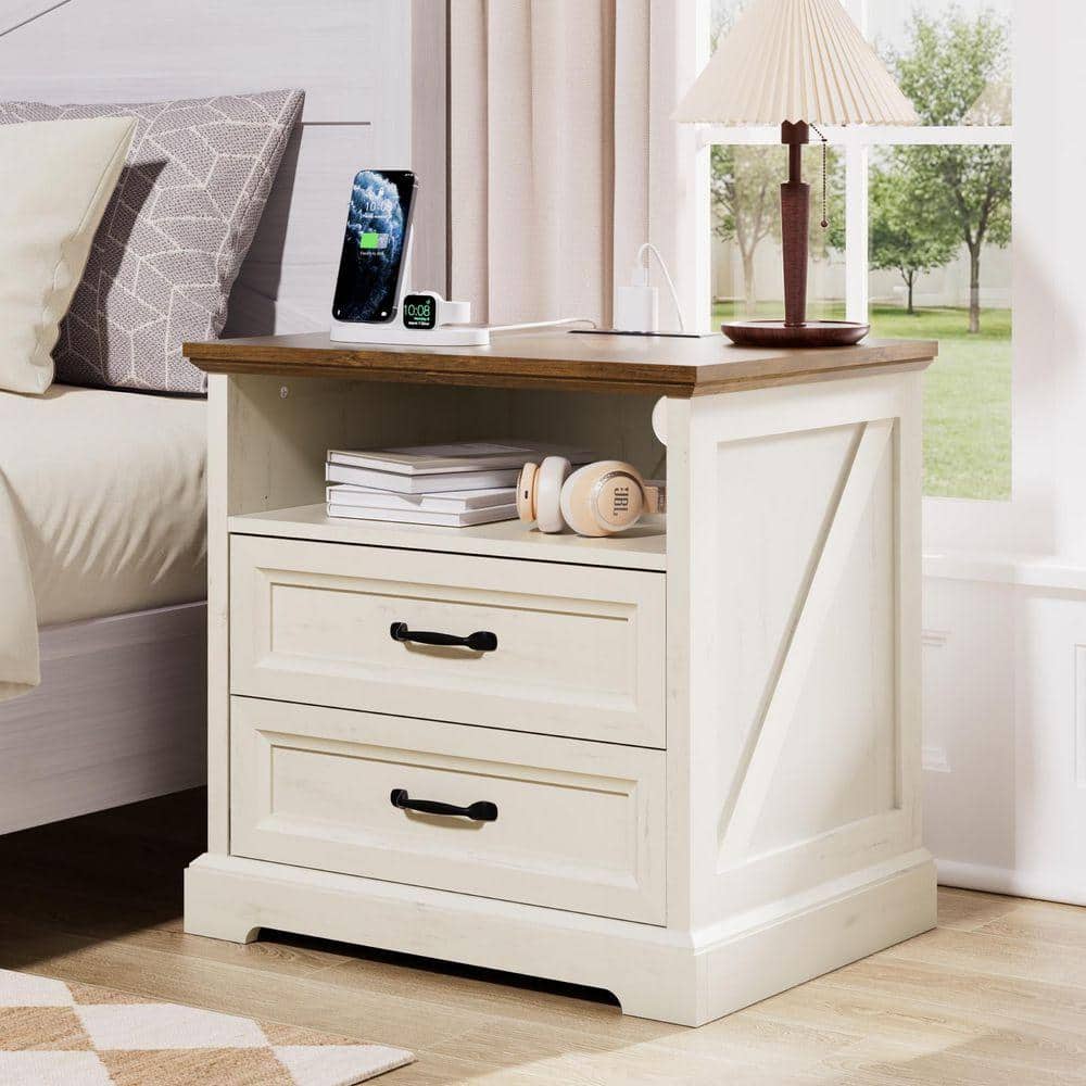 Hommpa Farmhouse Rustic White 2-Drawer 23.6 in. W Nightstand with