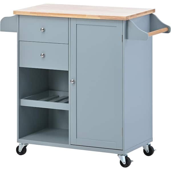 Tatahance Grey Blue Wood 41.3 in. Kitchen Island with Spice Rack, Towel Rack and Two Drawers