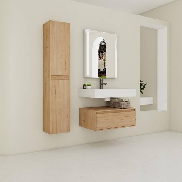 Jacques 29.5 in. W x 18.1 in. D x 15.8 in. H Floating Bath Vanity in Imitative Oak with White Resin Vanity Top