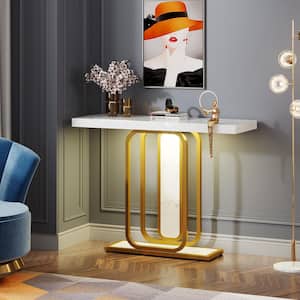 Turrella 41.66 in. Gold & White Rectangle Faux Marble Wood Console Table with LED Lights