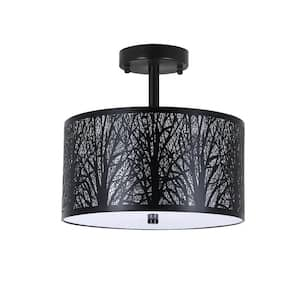 11.8 in. 3-Light Black Drum Light Semi Flush Mount with Etched Pattern Shade