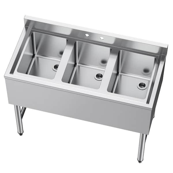 3 Compartment Sink, 18-Gauge Stainless Steel Underbar Sink, 38.5 x 18.5 x 33 in. Bowls and Drainage, Commercial Sink