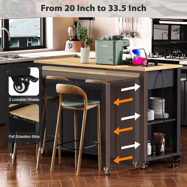 Nestfair Black Wood 47.2 in. Rolling Kitchen Island with