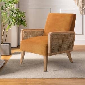 Delphine Modern Yellow Accent Chair with Rattan Armrest and Wood Legs for Living Room and Bedroom