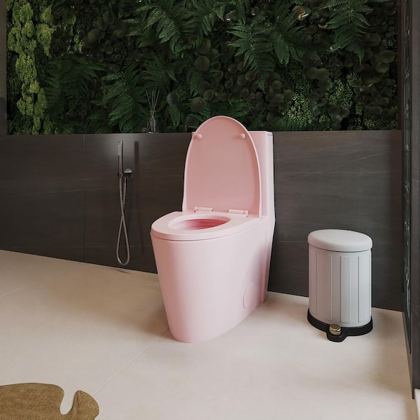 1-Piece Toilet 1.1 GPF/1.6 GPF Dual Flush Elongated Toilet with Quiet Soft Close Seat in Light Pink
