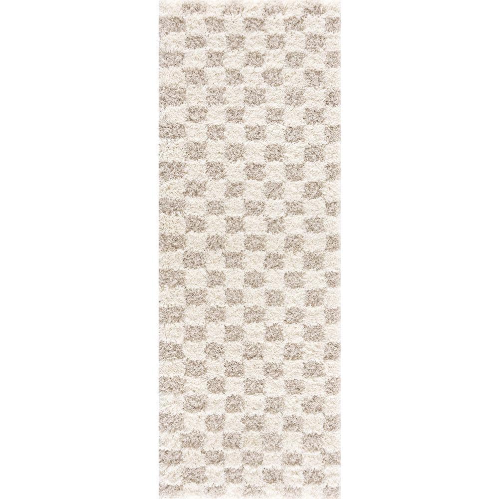 Light Brown Geometric Shag Runner Rug 2'7" x 7'3"