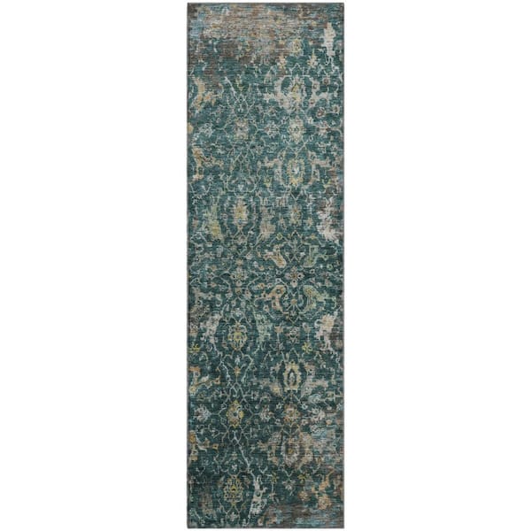 Mayfield Premium Machine Washable Abstract AMF2359 Teal 2 ft. x 7 ft. Runner Rug
