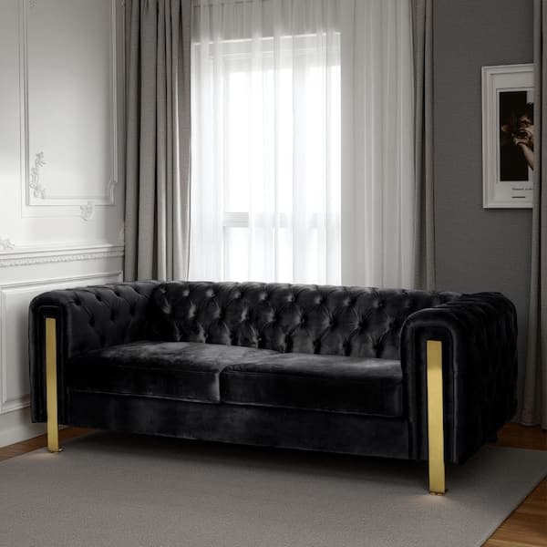 Benjara Nua 34.5 in. Rolled Arm Velvet Rectangle Chesterfield Button Tufted Sofa in. Black and Gold