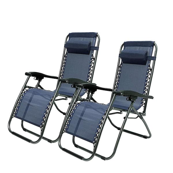 Angel Sar Metal Adjustable Folding Outdoor Lounge Chairs with Pillows in Blue (Set of 2)