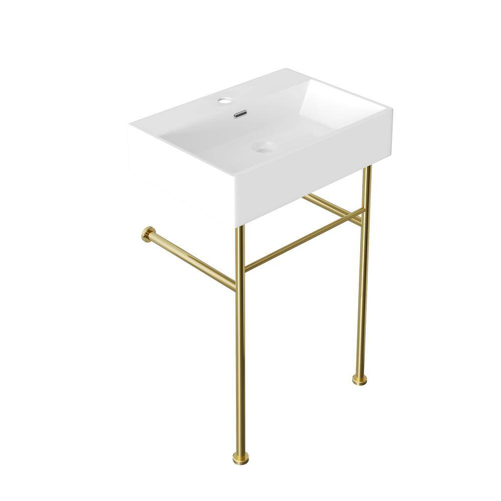 White Ceramic Rectangular Console Sink with Gold Legs