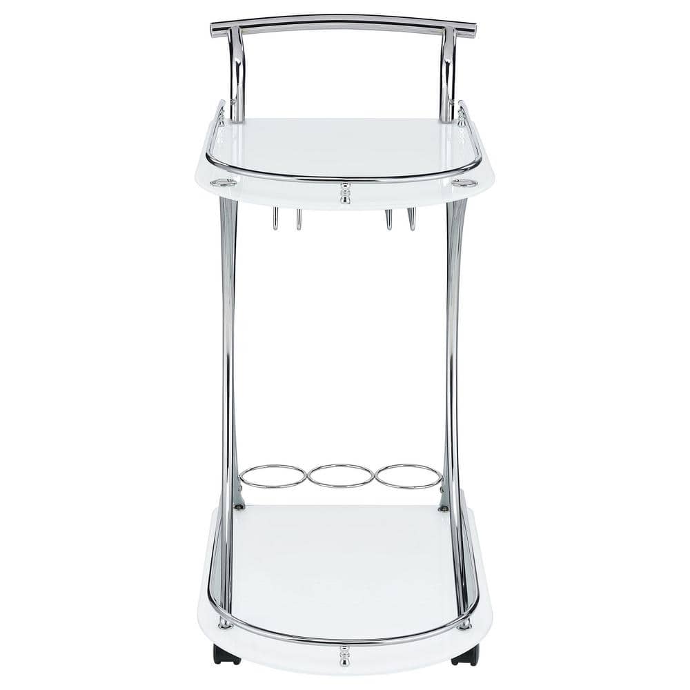 Chrome and White Glass Contemporary Serving Cart with Stemware Rack