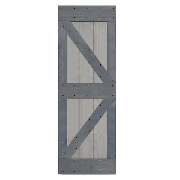 ISLIFE K Style 28 in. x 84 in. French Gray/Dark Gray Finished Solid Wood Sliding Barn Door Slab - Hardware Kit Not Included