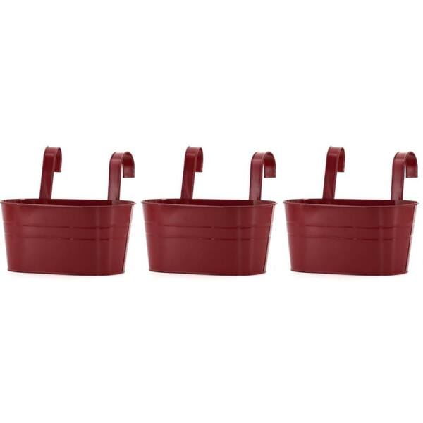 3 Pack Metal Iron Hanging Flower Pot, Oval Railing Fence Garden Balcony Planter Pots, Metal Bucket Flower Holders, Red