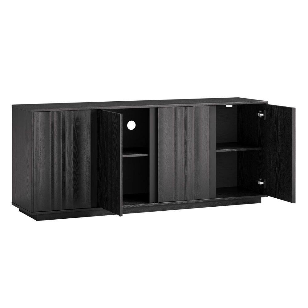 Black Alora sideboard buffet cabinet with open doors on a white background.