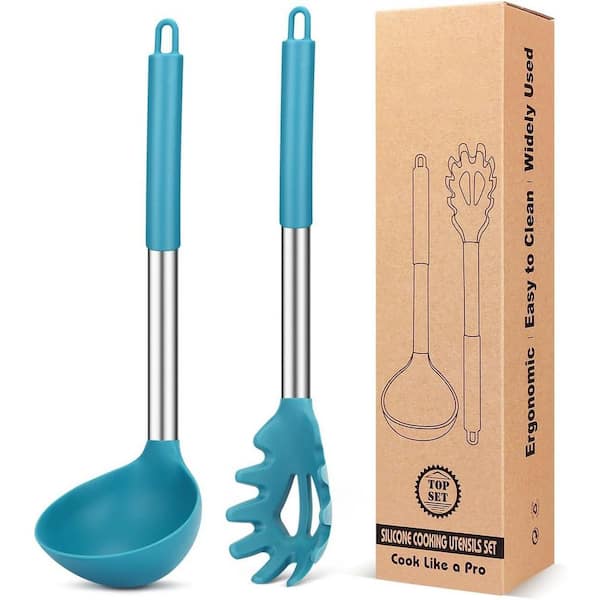 Silicone Pasta Fork and Ladle Spoon Set, Large Non Stick Kitchen Utensils for Cooking, Stirring, Soupand Sauce, Blue