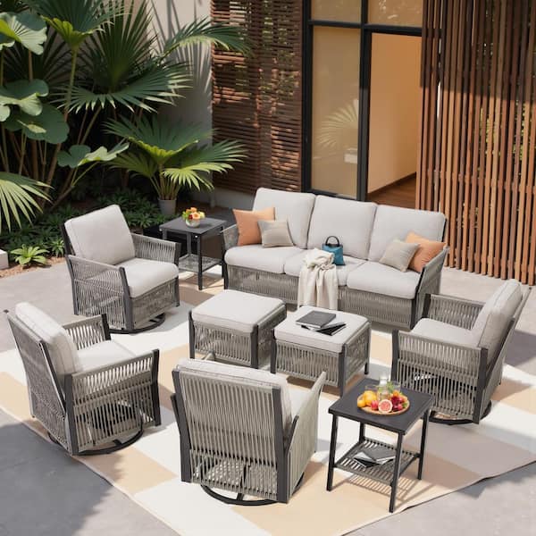 Buenaola Nyajiah 9-Piece Wicker Outdoor Patio Conversation Set with Beige Cushions