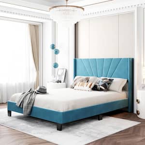 Blue Wood Frame Queen Size Velvet Upholstered Platform Bed with Additional Bed Legs
