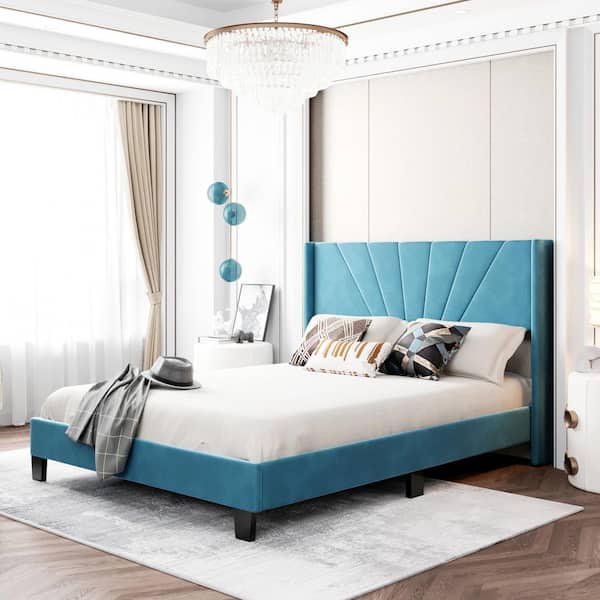 Harper & Bright Designs Blue Wood Frame Queen Size Velvet Upholstered Platform Bed with Additional Bed Legs