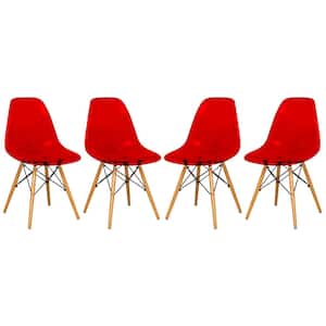 Dover Red Modern Eiffel Base Plastic Dining Chair With Wood Legs Transparent (Set of 4)